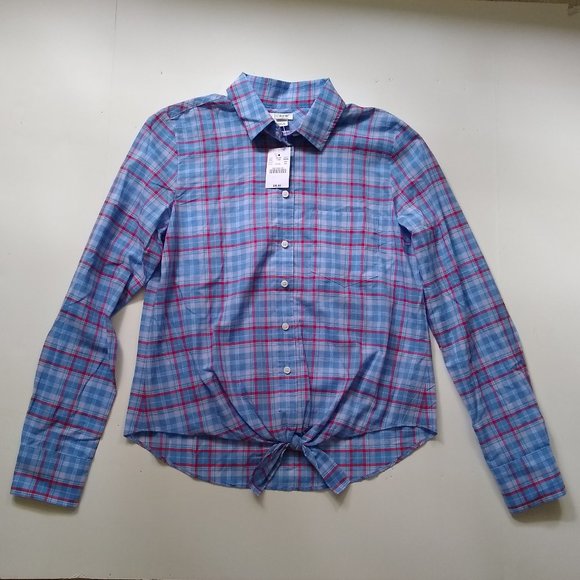 NWT J. Crew blue cotton plaid tie front button up shirt XS - Picture 6 of 11